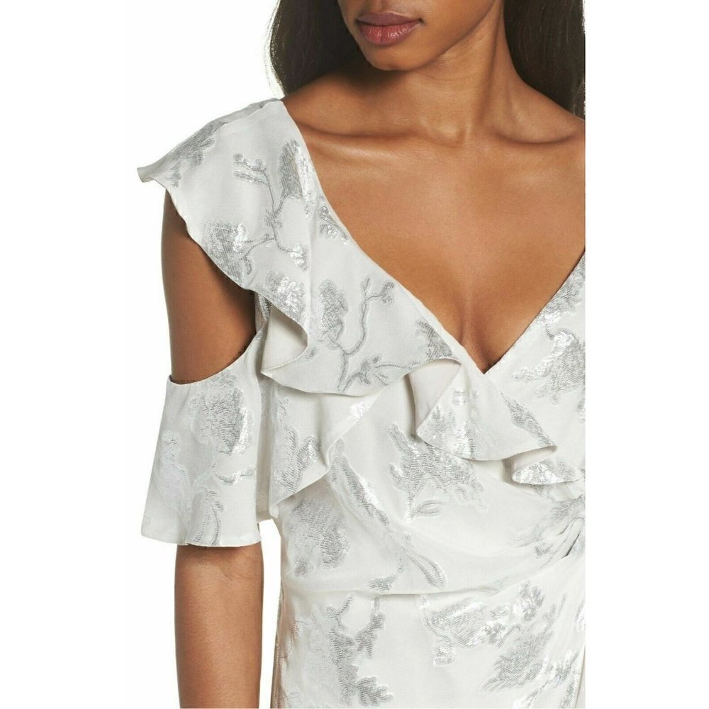 Bardot Women's Cold Shoulder Metallic-Print Wrap Dress Size M $169